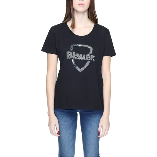 Schwarzes Bedrucktes Baumwoll-T-Shirt , Damen, Größe: L - Blauer - Modalova