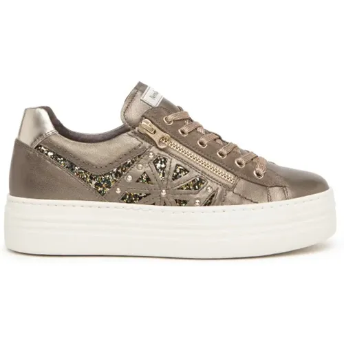 Braune Leder Glitter Sneakers mit Reißverschluss , Damen, Größe: 39 EU - Nerogiardini - Modalova