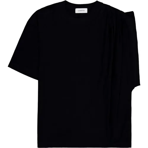 Schwarzes klassisches T-Shirt mit Drapierung auf der Schulter , Damen, Größe: XS - Laneus - Modalova