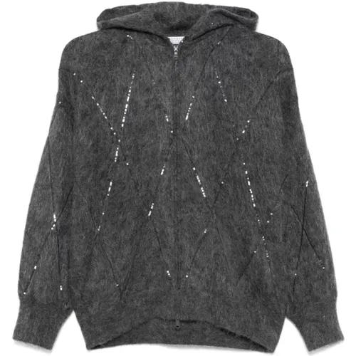 Grey Sequin Embellished Hooded Sweater , female, Sizes: M, L - BRUNELLO CUCINELLI - Modalova