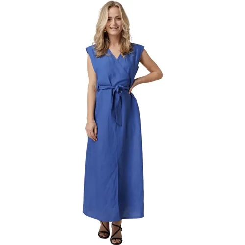 Königsblaues V-Ausschnitt Kleid mit Gürtel , Damen, Größe: S - La Fée Maraboutée - Modalova