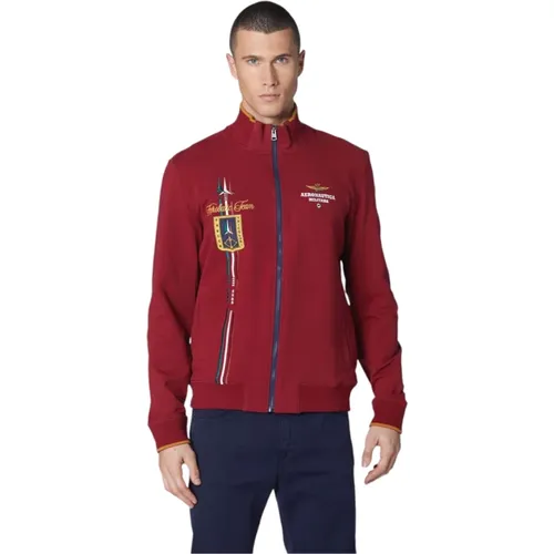 Burgunder Full-Zip Pullover mit Stickerei , Herren, Größe: XL - aeronautica militare - Modalova