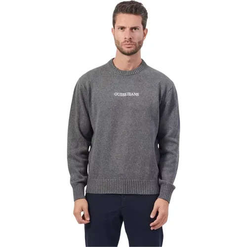 Grauer Pullover mit Langen Ärmeln Minimalistisches Design , Herren, Größe: XL - Guess - Modalova