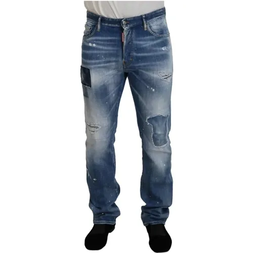 Blaue Tattered Straight Fit Denim Jeans , Herren, Größe: M - Dsquared2 - Modalova