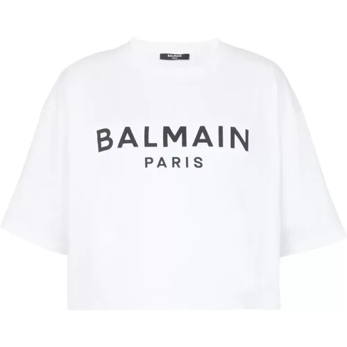 Cropped cotton T-shirt with logo print , female, Sizes: XS, L, S - Balmain - Modalova