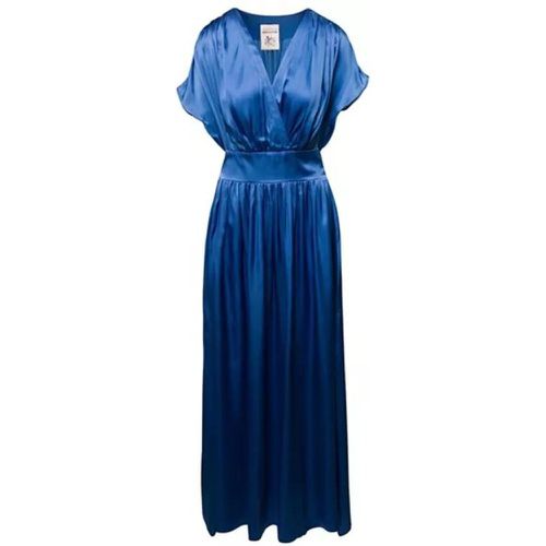 Blue Maxi Dress V-Neck Draped Design Satin Finish - Größe 42 - blue - Semi Couture - Modalova