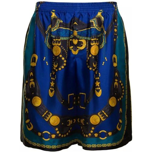 Blue Shorts With Harness Print In Silk - Größe 46 - blue - Versace - Modalova