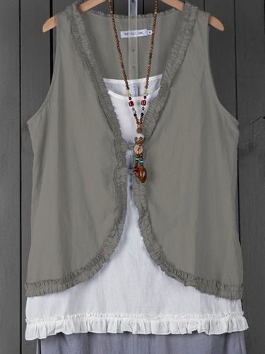 Buttoned Ruffled Sleeveless Linen Solid Blouse - Just Fashion Now UK - Modalova