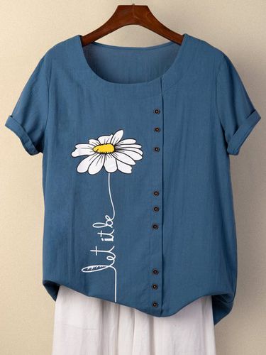 Blue Casual Floral-Print Cotton T-shirt - Modetalente - Modalova