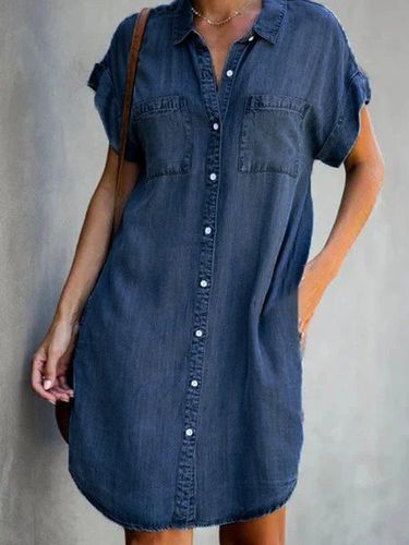 Denim Shirt Collar Casual Pocket Dress - Modetalente - Modalova