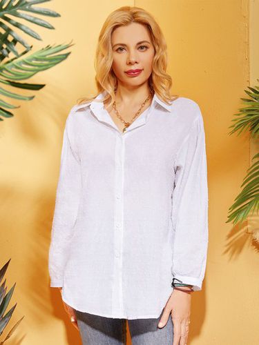 Shirt Collar Shift Cotton Long Sleeve Blouse - Modetalente - Modalova