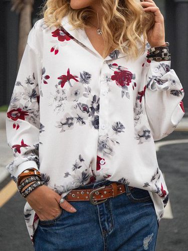 Shirt Collar Printed Long Sleeve Casual Blouse - Just Fashion Now UK - Modalova
