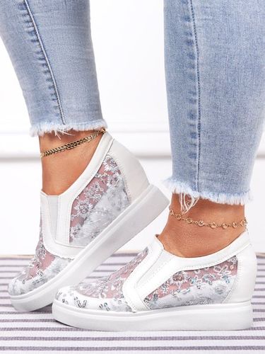 Sequins Floral Embroidered Lace Paneled Slip-On Wedge Shoes - Just Fashion Now UK - Modalova