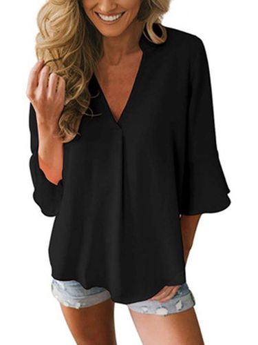 Plain Loosen V Neck Short Sleeve Top - Modetalente - Modalova