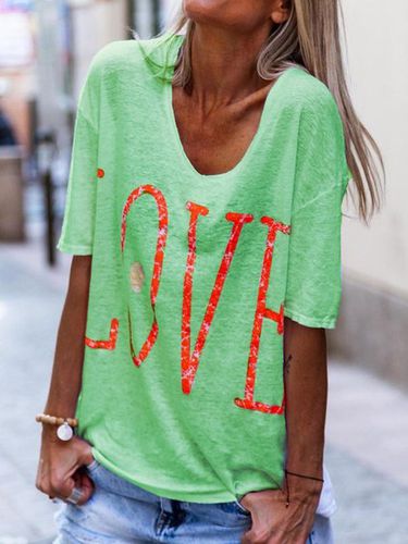 Love Print Round Neck Short Sleeves Casual T-Shirt - Just Fashion Now - Modalova