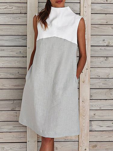 Midi Weaving Dress Women Summer Shift Sleeveless Turtleneck Paneled Weaving Dress - Modetalente - Modalova