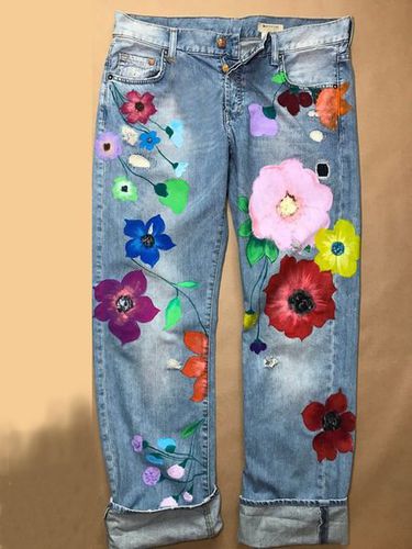 All Season Denim Floral Casual Jeans - Modetalente - Modalova