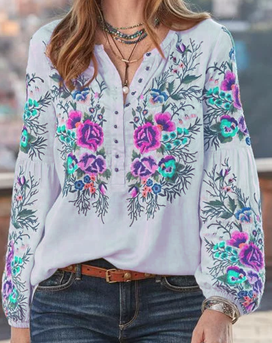 Casual Floral V Neck Long Sleeve Blouse - Modetalente - Modalova