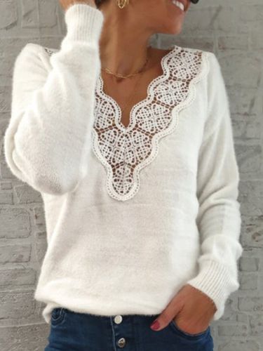 V Neck Casual Floral Guipure Sweater - Modetalente - Modalova