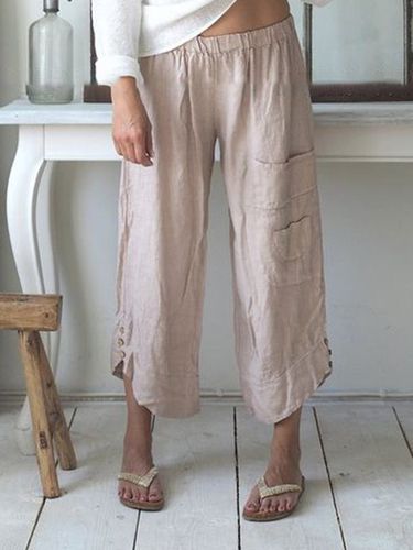 Summer Pockets Buttoned Elastic Waist Stylish Casual Capri Pants - Modetalente - Modalova