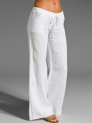 Casual mid-rise solid color linen straight-leg Pants - Modetalente - Modalova