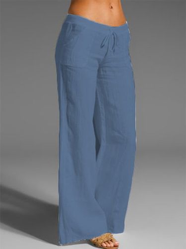 Casual mid-rise solid color linen straight-leg Pants - Modetalente - Modalova
