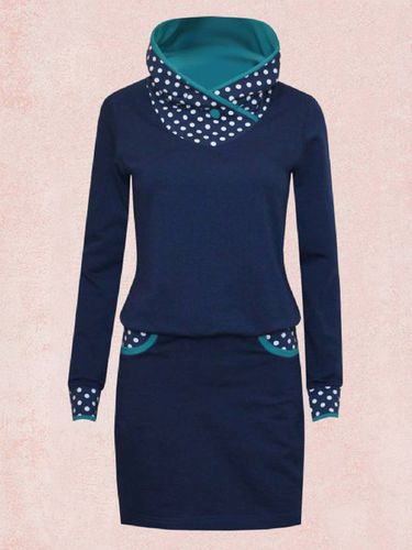 Deep Blue Long Sleeve Polka Dots Turtleneck Knitting Dress - Modetalente - Modalova