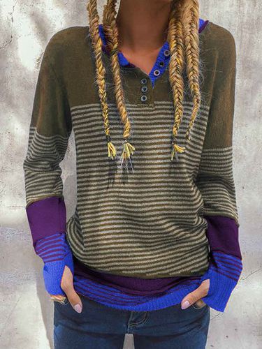 Striped Buttoned Color-block Knitted Top - Modetalente - Modalova