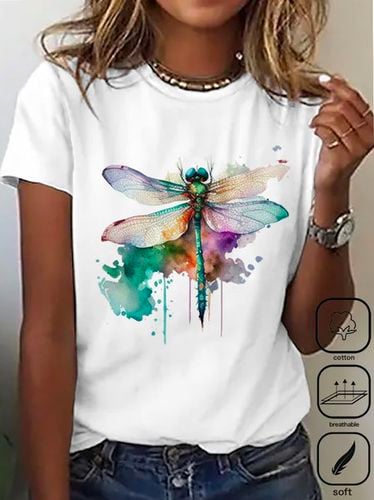 Casual Crew Neck Cotton Dragonfly T-Shirt - Modetalente - Modalova