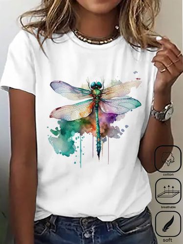 Casual Crew Neck Cotton Dragonfly T-Shirt - Modetalente - Modalova