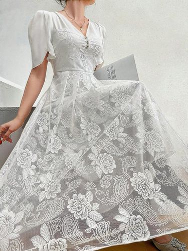 Plain Lace V Neck Elegant Dress - Just Fashion Now - Modalova