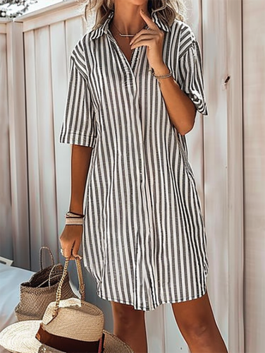 Women's Half Sleeve Summer Black Striped Shirt Collar Going Out Casual Midi A-Line Dress - Just Fashion Now - Modalova