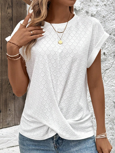 Women's Short Sleeve Shirt Summer White Plain Knot Front Cotton-Blend Crew Neck Daily Going Out Casual Top - Just Fashion Now - Modalova