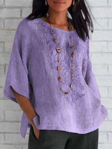 Women's Short Sleeve Shirt Summer Purple Plain Embroidery Cotton Crew Neck Daily Casual Top - Just Fashion Now - Modalova