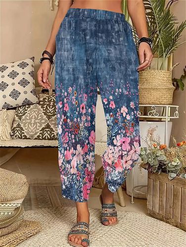 Women's Elastic Band H-Line Straight Pants Daily Going Out Pants Blue Casual Floral Spring/Fall Pants - Just Fashion Now - Modalova