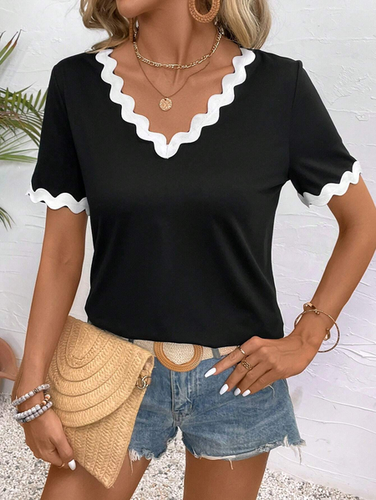 Women's Short Sleeve T-shirt Summer Black Plain Webbing Jersey V Neck Daily Going Out Casual Top - Just Fashion Now - Modalova