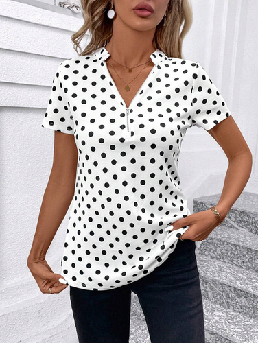 Women's Short Sleeve Shirt Summer Dark Blue Polka Dots Zipper V Neck Going Out Top - Just Fashion Now - Modalova