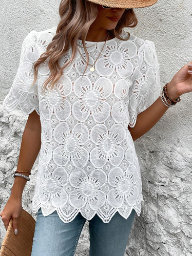 Women's Short Sleeve Shirt Summer White Floral Lace Lace Crew Neck Daily Going Out Casual Top - Just Fashion Now - Modalova