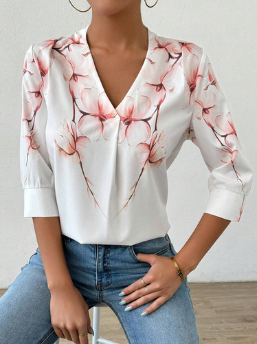 Women's Half Sleeve Shirt Summer White Floral V Neck Daily Going Out Casual Top - Just Fashion Now - Modalova