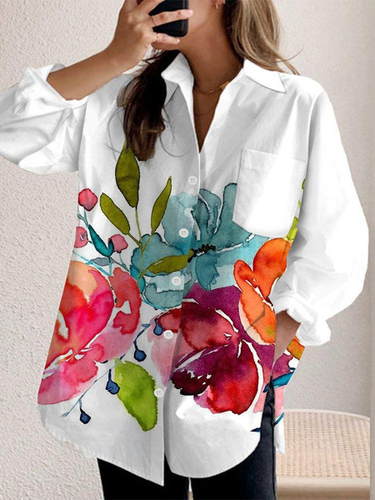Women's Long Sleeve Shirt Spring/Fall White Floral Shirt Collar Daily Going Out Casual Top - Just Fashion Now - Modalova