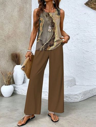 Women's Abstract Daily Going Out Two-Piece Set Brown Casual Summer Top With Pants Matching Set - Just Fashion Now - Modalova