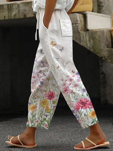 Women's Drawstring H-Line Baggy Pants Daily Going Out Pants White Casual Floral Spring/Fall Pants - Just Fashion Now - Modalova