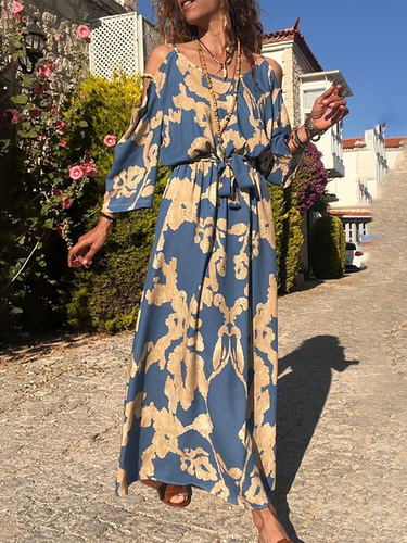 Women's Long Sleeve Spring/Fall Blue Floral Crew Neck Daily Going Out Casual Maxi A-Line Dress - Just Fashion Now - Modalova