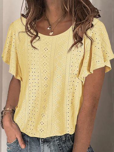 Crew Neck Plain Lace Casual T-Shirt - Just Fashion Now - Modalova