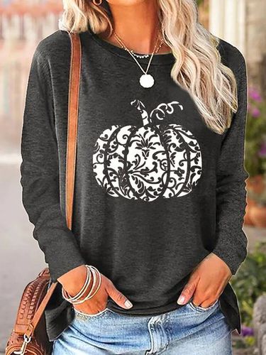 Cotton-Blend Casual Pumpkin Pattern Crew Neck T-Shirt - Just Fashion Now - Modalova