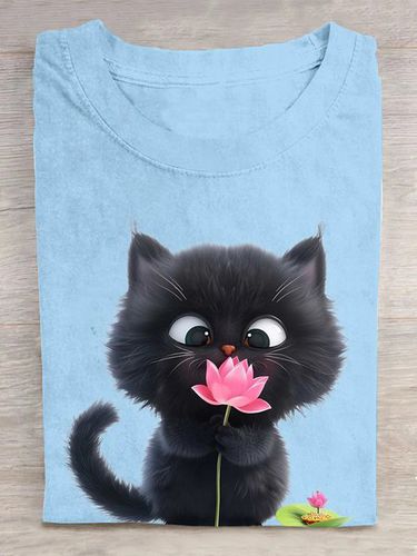 Crew Neck Cat Cotton Casual T-Shirt - Modetalente - Modalova