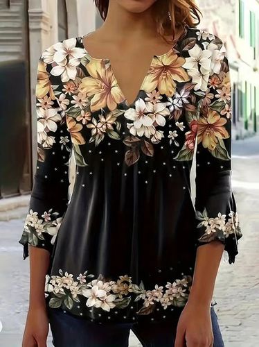 Regular Fit V Neck Casual Floral Blouse With No - Modetalente - Modalova