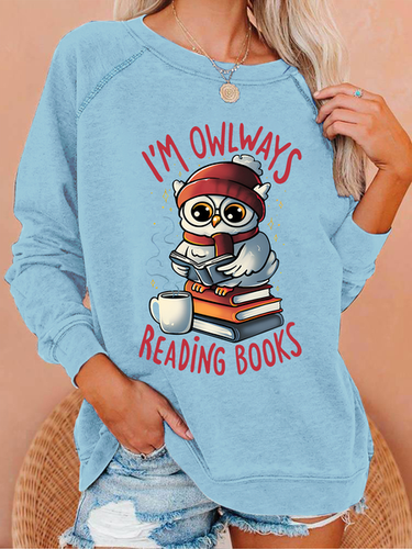 Owlways Reading Books Text Letters Casual Crew Neck Sweatshirt - Modetalente - Modalova