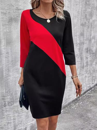 Women's Long Sleeve Spring/Fall Black Color Block Crew Neck Daily Going Out Casual Midi H-Line T-Shirt Dress - Just Fashion Now - Modalova