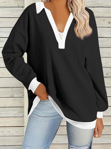 Women's Long Sleeve Blouse Spring/Fall Aqua Color Block V Neck Daily Going Out Casual Top - Just Fashion Now - Modalova